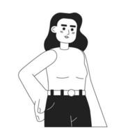 jovem atraente caucasiano mulher monocromático plano vetor personagem. editável fino linha metade corpo senhora com grandes morena cabelo em branco. simples bw desenho animado local imagem para rede gráfico Projeto