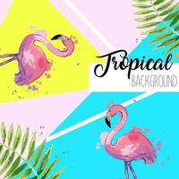 folhas tropicais e banner de verão flamingo. fundo gráfico. vetor