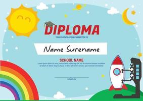 modelo de certificado de diploma infantil com foguete de pouso vetor