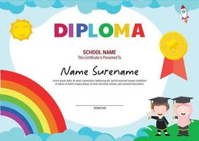 certificado modelo de diploma escolar multifuncional crianças com arco-íris e foguete se formando vetor