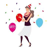 mulher feliz com chapéu de festa e balões vetor