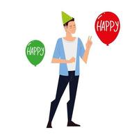 homem com chapéu de festa e celebração de balões vetor