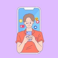 jovem homem desfrutando usar Smartphone dentro social meios de comunicação aplicativo plano forrado vetor ilustração