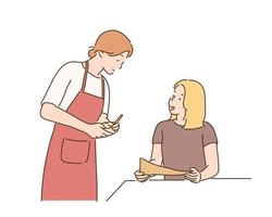 uma mulher está pedindo comida em um restaurante e uma garçonete está fazendo anotações. mão desenhada estilo ilustrações vetoriais. vetor
