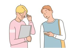 dois alunos do sexo masculino conversam com um laptop e um telefone celular nas mãos. mão desenhada estilo ilustrações vetoriais. vetor