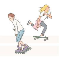 uma mulher andando de skate e um homem andando de linha. mão desenhada estilo ilustrações vetoriais. vetor