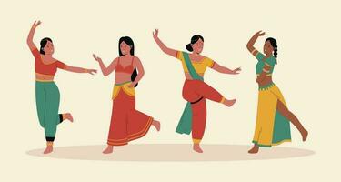 indiano mulher realizando tradicional dança ilustração conjunto vetor