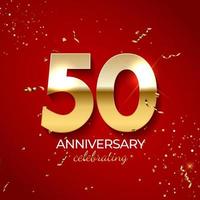 decoração de celebração de aniversário. número dourado 50 com fitas de confete, brilhos e serpentina em fundo vermelho. ilustração vetorial