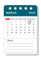 marcha 2024 Nota calendário modelo. vetor Projeto