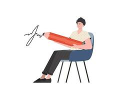 uma homem senta dentro uma cadeira e sinais com uma lápis. isolado. elemento para apresentação. vetor
