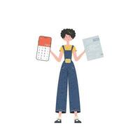 a menina é segurando uma calculadora e uma imposto Formato dentro dela mãos. isolado em branco fundo. vetor ilustração.