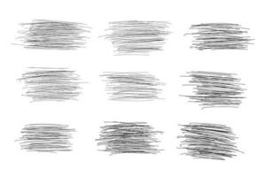 conjunto do mão desenhado lápis esboço objetos sombreamento vetor, arranhões grafite desenhando golpes, encaracolado linhas chocado quadrado formas, fino linha tinta linear desenhando em branco papel superfície estoque ilustração vetor