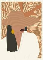 moderno parede arte estético poster com jovem mulher dentro chapéu vetor