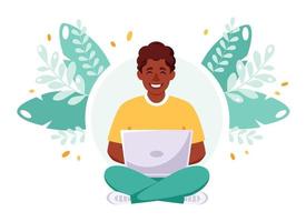 homem afro-americano trabalhando no laptop. freelance, conceito de trabalho remoto vetor