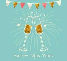 feliz Novo ano cumprimento cartão linha arte ilustração vetor Projeto. bandeira com champanhe copos, festão e fogos de artifício. evento, festa, celebração. Felicidades