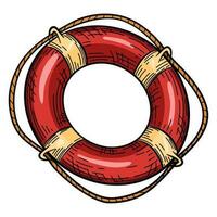 vermelho bóia salva-vidas com corda isolado esboço. mão desenhado vida anel dentro gravação estilo. vetor
