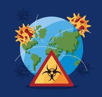 mundo planeta Terra com covid 19 partícula e sinal de risco biológico vetor