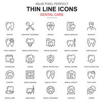 Linha fina de atendimento odontológico, conjunto de ícones de equipamentos odontologia vetor