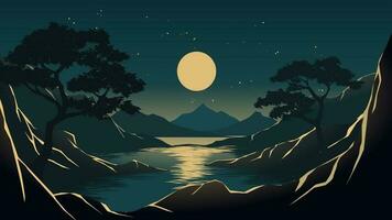 vetor tranquilo noite ilustração com lua e rio