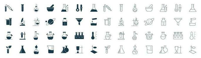 Ciência laboratório equipamento ícone definir. farmacia laboratório vidraria, copos, teste tubo, vidro, e frasco esboço vetor ilustração