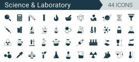 Ciência e laboratório ícone definir. química e microbiologia laboratório pesquisar, vidraria, copos, teste tubo, ícones vetor