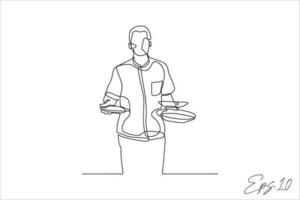 contínuo linha vetor ilustração do garçom carregando pratos em prato