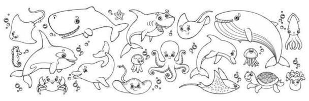 conjunto do esboço desenho animado mar animais. perfeito para coloração livro. fofa tartaruga, golfinho, baleia, caranguejo, arraia, Tubarão, polvo, lula, medusa e outros. isolado vetor ilustrações do oceano criatura