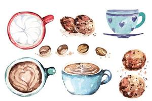 xícara de café e biscoito pintado com aquarela. latte art com formas de coração vetor