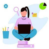 freelance, controlo remoto trabalhos conceito. mulher sentado em a chão com computador portátil. plano vetor ilustração.