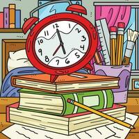 costas para escola alarme relógio e livros colori vetor