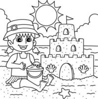 menina construção uma Castelo de Areia verão coloração página vetor