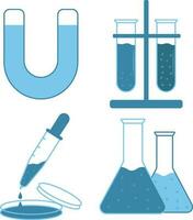 Ciência laboratório equipamento. teste tubo, microscópio, átomo e molécula símbolo. vetor ilustração