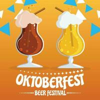 oktoberfest festa poster ilustração com fresco Sombrio cerveja, pretzel, linguiça e azul e branco festa bandeira em brilhante amarelo fundo. vetor celebração folheto modelo para tradicional alemão Cerveja