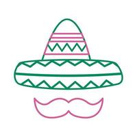 chapéu mexicano tradicional com ícone de estilo de linha de bigode vetor