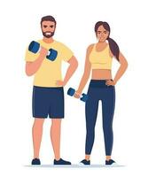 casal de fitness. homem e mulher vestidos com roupas esportivas estão fazendo exercícios com halteres. ilustração vetorial. vetor