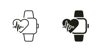 inteligente Assistir tecnologia para esporte pictograma. coração pulso ao controle dentro relógio inteligente linha e silhueta Preto ícone definir. batimento cardiaco taxa dentro ginástica pulseira símbolo coleção. isolado vetor ilustração.