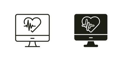 batimento cardiaco monitoramento linha e silhueta Preto ícone definir. cardiologia diagnóstico. coração batida médico computador. cardiograma, ecg, ekg, eletrocardiograma símbolo coleção. isolado vetor ilustração.