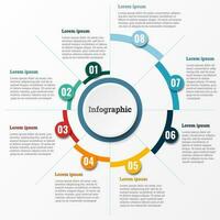 infográfico este relatórios sobre a fluxo de trabalho dentro cada degrau com uma total do 8 tópicos. vetor