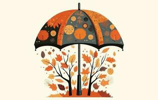 outono guarda-chuva vetor ilustração, outono cair, folhas do carvalho, castanha, avelã dentro a guarda-chuva com a inscrição Olá outono