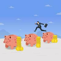 vetor homem de negocios pulando a partir de porquinho banco. investimento crescimento conceito Projeto vetor ilustração