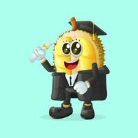 fofa durian personagem vestindo uma graduação boné e segurando uma diploma vetor