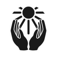 mãos e Sol vetor ilustração isolado em uma branco fundo. religião e filosófico conceito. Sol é brilhando acima a mãos. logotipo, a ícone dentro plano estilo