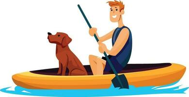 homem em caiaque com dele cachorro plano estilo vetor ilustração , feliz homem e uma cachorro equitação uma barco desenho animado vetor imagem