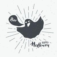 etiqueta vintage de cartão de saudação de halloween, esboço desenhado à mão fantasma, distintivo retro texturizado grunge, impressão de t-shirt com design de tipografia, ilustração vetorial vetor