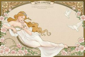 elegante arte nouveau estilo deusa deitado perto rosas jardim com elaborado quadro, Armação vetor