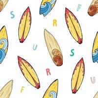 pranchas de surf sem costura padrão esboço desenhado à mão fundo, ilustração em vetor design tipografia