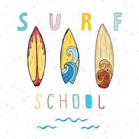 pranchas de surf desenho de t-shirt de esboço desenhado à mão, tipografia de escola de surf, modelo de emblema retro vintage de verão, ilustração vetorial vetor