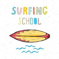 pranchas de surf desenho de t-shirt de esboço desenhado à mão, tipografia de escola de surf, modelo de emblema retro vintage de verão, ilustração vetorial vetor