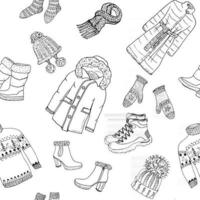 temporada de inverno doodle padrão sem emenda de roupas. mão desenhada esboço elementos vector a ilustração de fundo.