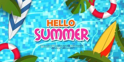 olá banner de verão cartaz piscina ilustração plana lay relaxar folhas tropicais com prancha de surf vetor